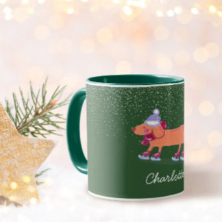 Festive Dachshund Dog Ice Skating Green Name Mug Tasse