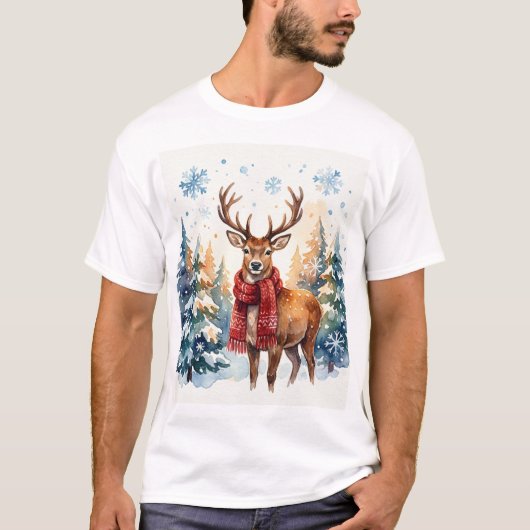 Festive Deer in Snowy Forest T-Shirt (Vorderseite)