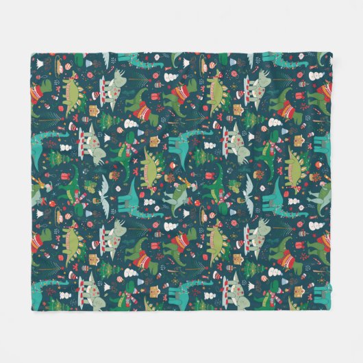 Festive Dinosaurier Weihnachtsmuster Fleecedecke (Vorderseite (Horizontal))