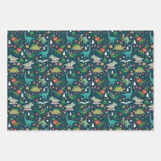 Festive Dinosaurier Weihnachtsmuster Geschenkpapier Set (Vorderseite 2)