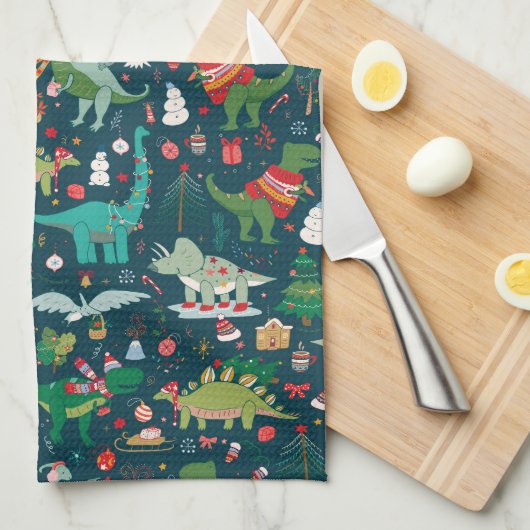Festive Dinosaurier Weihnachtsmuster Geschirrtuch (Viertel Falte)
