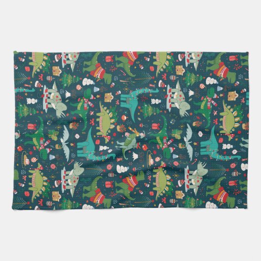 Festive Dinosaurier Weihnachtsmuster Geschirrtuch (Horizontal)