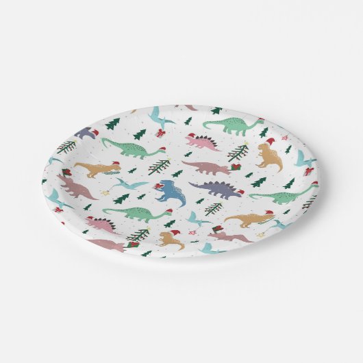 Festive Dinosaurier Weihnachtsmuster Pappteller (Schrägansicht)