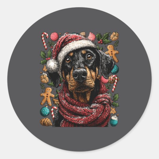 Festive Doberman With Santa Hat Snowy Winter Chris Runder Aufkleber (Vorderseite)