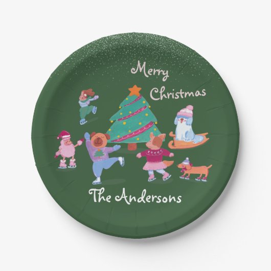 Festive Dog Ice Skating Name Green Christmas Party Pappteller (Vorderseite)