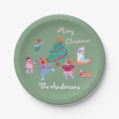 Festive Dog Ice Skating Name Pistachio Green Xmas Pappteller (Vorderseite)