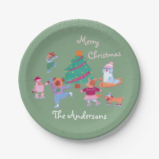 Festive Dog Ice Skating Name Pistachio Green Xmas Pappteller (Vorderseite)