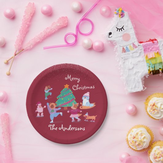 Festive Dog Ice Skating Name Red Christmas Dinner Pappteller (Party)