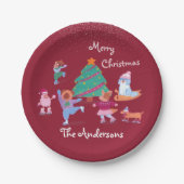 Festive Dog Ice Skating Name Red Christmas Dinner Pappteller (Vorderseite)