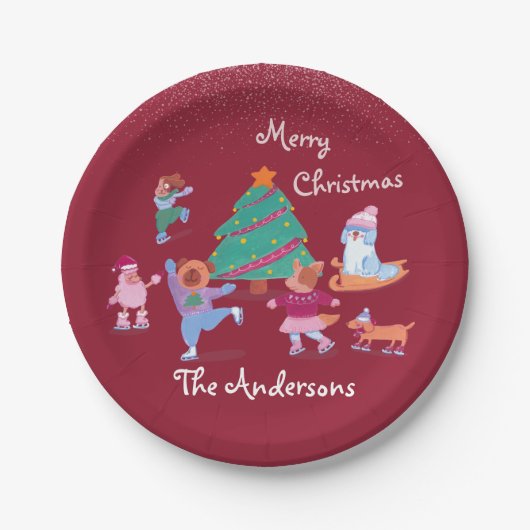 Festive Dog Ice Skating Name Red Christmas Dinner Pappteller (Vorderseite)