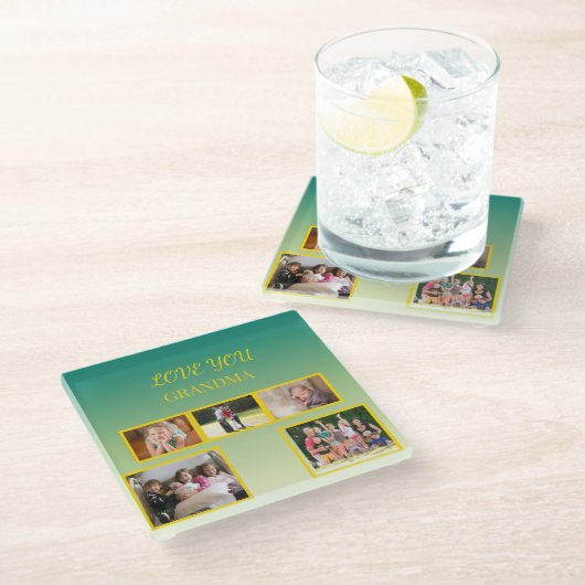 Festive Family Collage with Gold Script Glasuntersetzer (Schrägansicht)