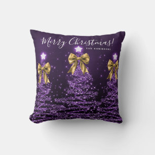 Festive Feiertage Lila Weihnachtsbäume Name Gold  Kissen