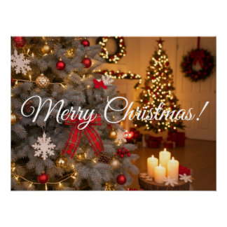 Festive fir trees decorated with garlands poster