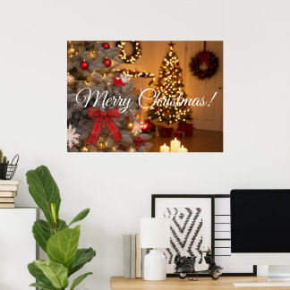 Festive fir trees decorated with garlands poster