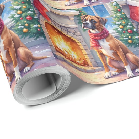 Festive Fireplace Boxer Christmas Art Geschenkpapier (Rolleneckpunkt)