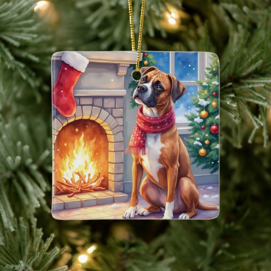 Festive Fireplace Boxer Christmas Art Keramikornament (Baum)