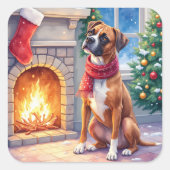 Festive Fireplace Boxer Christmas Art Quadratischer Aufkleber (Vorderseite)