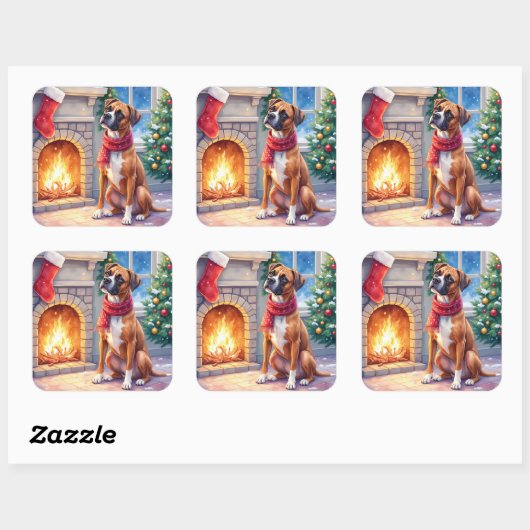 Festive Fireplace Boxer Christmas Art Quadratischer Aufkleber (Blatt)
