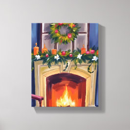 Festive Fireplace Christmas Wreath Watercolor Leinwanddruck