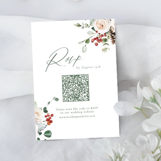 Festive Floral Holiday Winter Wedding QR code RSVP Karte