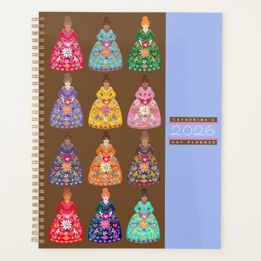 Festive Folk Art Ladies Agenda Coffee Brown 2026 Planer (Vorderseite)