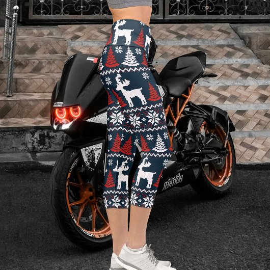 Festive Fun Christmas Tree Winter Reindeer Pattern Capri Leggings