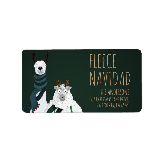 Festive Funny Llama & Sheep Fleece Navidad Punny Adressaufkleber (Vorne)