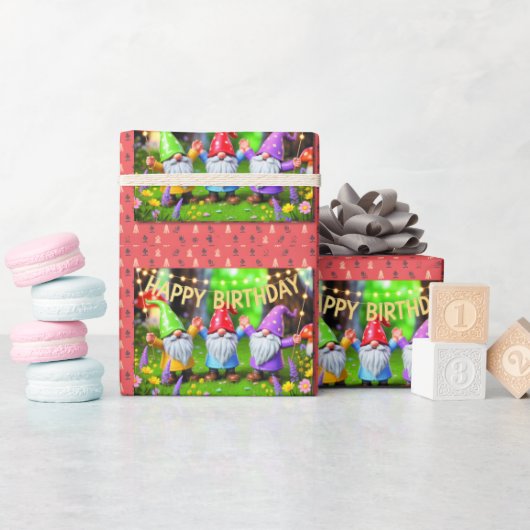 Festive Garden Gnomes Birthday Celebration Geschenkpapier (Babyparty)