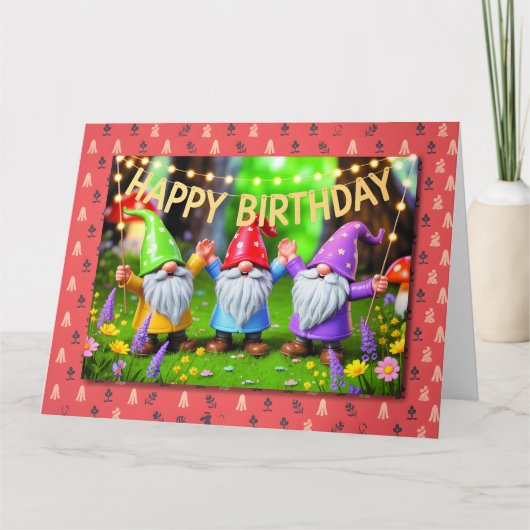 Festive Garden Gnomes Birthday Celebration Karte (Vorderseite)