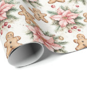 Festive Gingerbread Men with Pink Poinsettias Geschenkpapier (Rolleneckpunkt)
