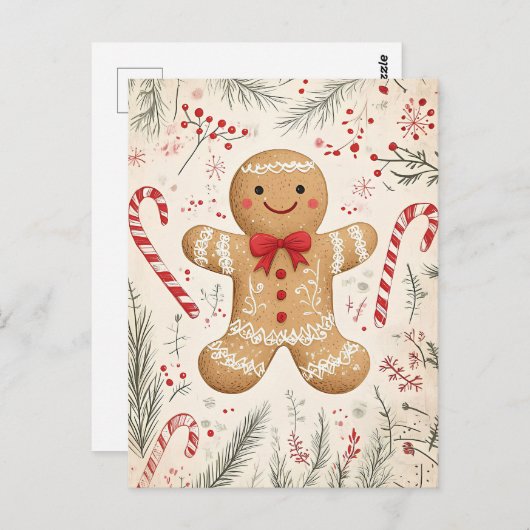 Festive Gingerbrot Mann Weihnachtsgrüße Postkarte (Vorne/Hinten)