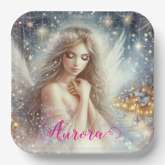 Festive Girly Watercolor Ethereal Frost Snow Angel Pappteller (Vorderseite)