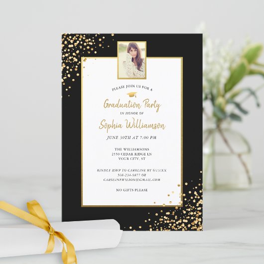 Festive Gold Black Grad Foto Graduation Party Inv Einladung