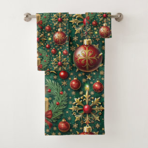 Festive Gold Rote Ornamente Schneeflocken Weihnach Badhandtuch Set
