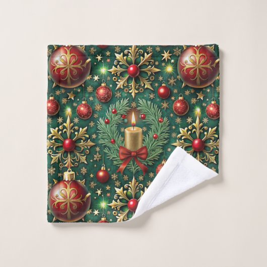 Festive Gold Rote Ornamente Schneeflocken Weihnach Badhandtuch Set (Waschlappen)