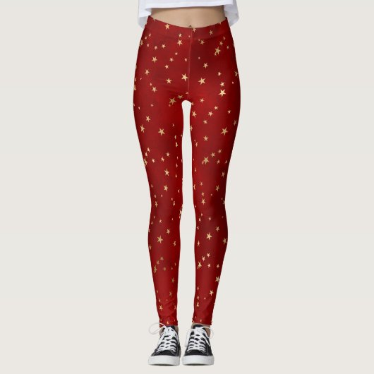 Festive Gold Star Burgundy Red Leggings (Vorderseite)