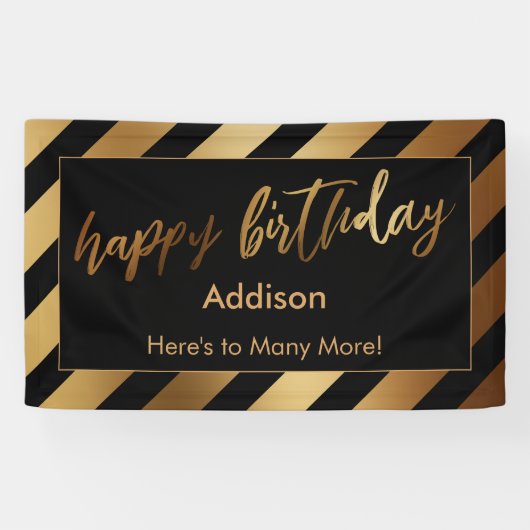 Festive Gold Streifen auf Black Happy Birthday Banner (Horizontal)