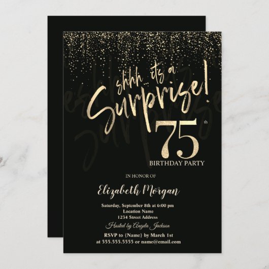 Festive Gold Surprise 75th Birthday Party Einladung (Vorne/Hinten)