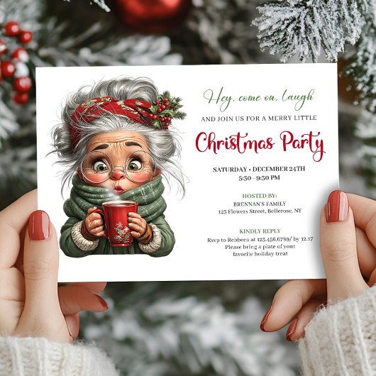 Festive Granny Cartoon Whimsical Xmas Invitation Einladung