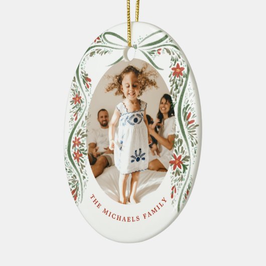 Festive Green Ribbon with Poinsettias and Greenery Keramik Ornament (Links)