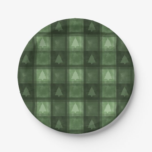 Festive Green Textured Plaid And Trees Christmas Pappteller (Vorderseite)