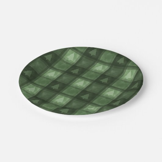 Festive Green Textured Plaid And Trees Christmas Pappteller (Schrägansicht)