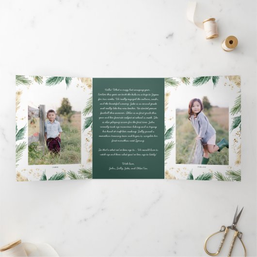 Festive Grüne Gold Weihnachts Foto Faltkarte Dreifach Gefaltete Einladung (Innenseite)
