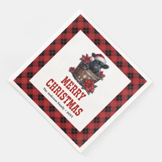 Festive highland cow red black tartan napkins serviette (Ecke)