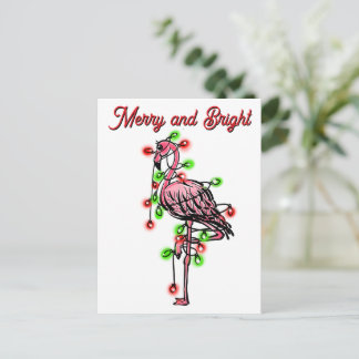 Festive holiday Flamingo red green Xmas lights Postkarte