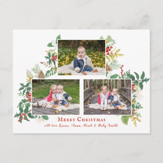 Festive Holiday Floral Three Photo Postkarte (Vorderseite)