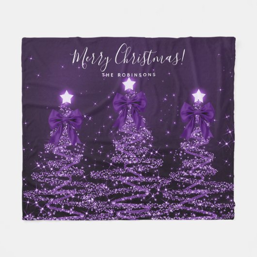 Festive Holiday Purple Christmas Trees Bows Fleecedecke (Vorderseite (Horizontal))