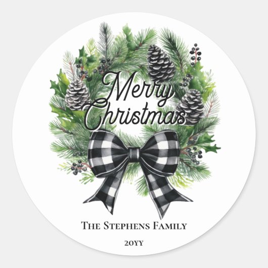 Festive Holiday Wreath BW Bow Merry Christmas  Runder Aufkleber (Vorderseite)