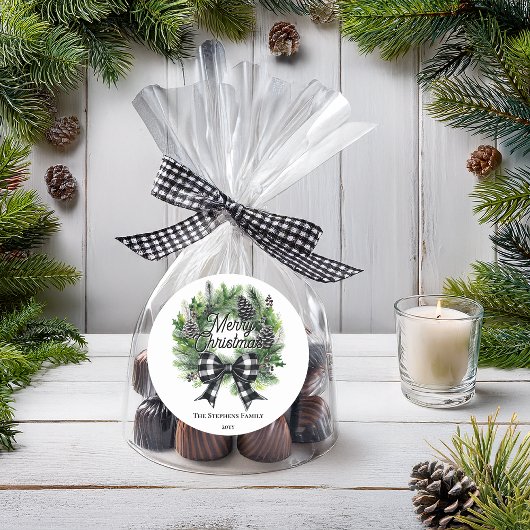 Festive Holiday Wreath BW Bow Merry Christmas Runder Aufkleber