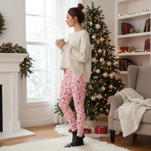 Festive Holly Berries and Candy Cane Christmas Leggings